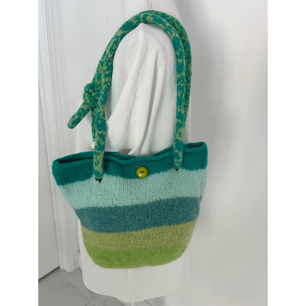 Handmade Knit Wool Felted Ombre Striped Tote Bag Green Teal Boho Shoulder Bag